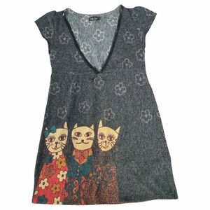 Euro V-neck Mini Babydoll Sweater Dress with Cat Print